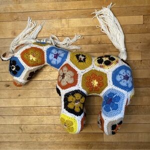 Colorful Large Crochet Vintage Horse Pillow- Very Unique!